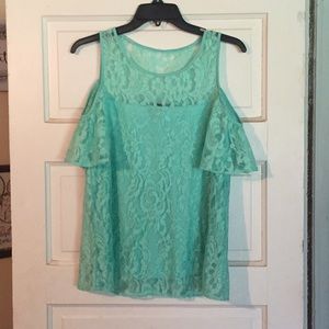 Turquoise lace blouse. Cold shoulder.